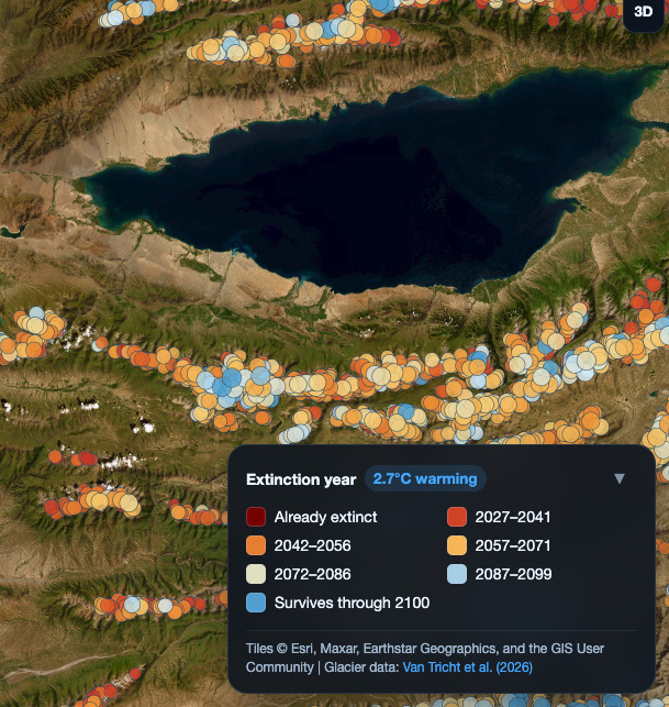 Global Glacier Extinction Explorer screenshot showing glacier scenarios around Issyk-Kul, with the complete legend and map credits.